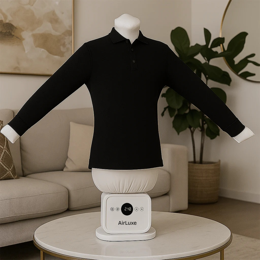 AirLuxe - מכונת הגיהוץ האוטומטית המתקדמת AUTOMATIC IRONING MACHINE 3.0 בצורת גוף, פועלת בגיהוץ מושלם של חולצות, שמלות, מכנסיים ועוד – רק מלבישים את הבגד על המכשיר והוא מתיישר ללא קמטים. המכשיר חוסך זמן יקר, חשמל וכסף, מבטל את הסיכון בגיהוץ רגיל עם מגהץ חם, נוח לשימוש יומיומי, קומפקטי וקל לאחסון, מתאים לכל בית מודרני ומעניק תוצאה מקצועית כמו מניקוי יבש. אידיאלי למשפחות, עסוקים, סטודנטים וכל מי שרוצה פתרון חכם ומהיר לבגדים חלקים ומסודרים.